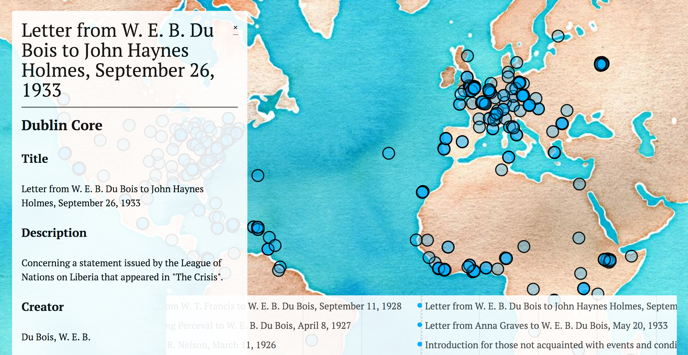 Screenshot from Visualizing the Global Du Bois that shows an an archival record for a letter from Du Bois to John Haynes Holmes on a statement issued by the League of Nations on Liberia 