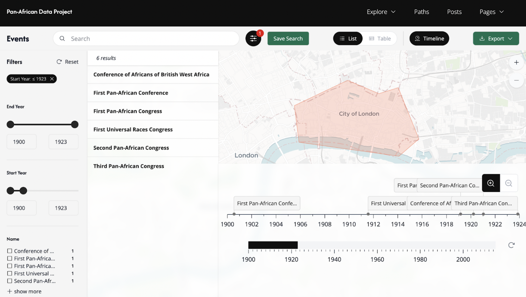 Screenshot of website with events