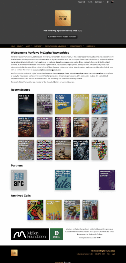 Screenshot of homepage of Reviews in Digital Humanities