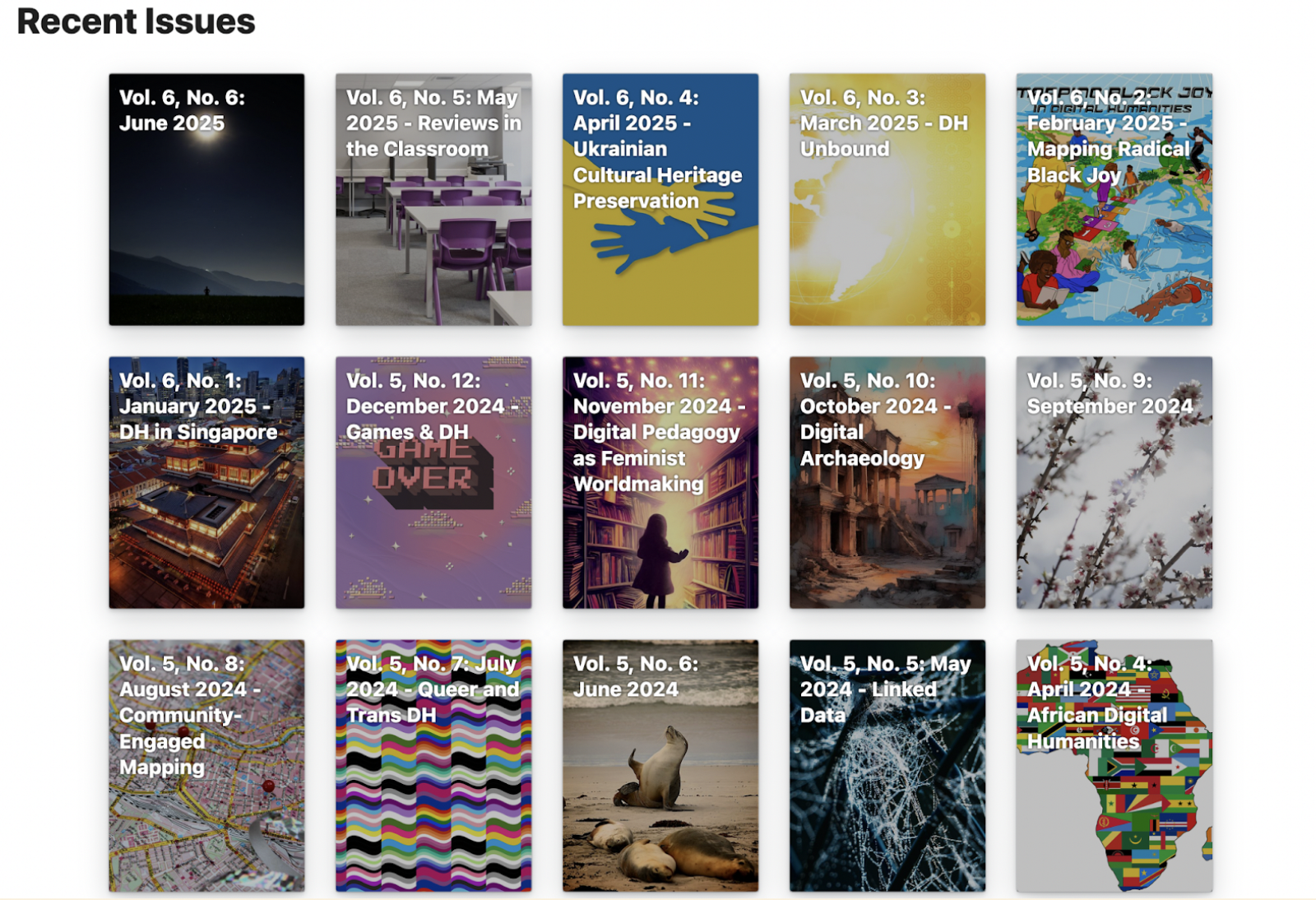 screenshot of latest issues of Reviews in Digital Humanities